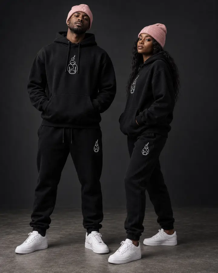 Life Path black hoodie, joggers and pink beanie collection